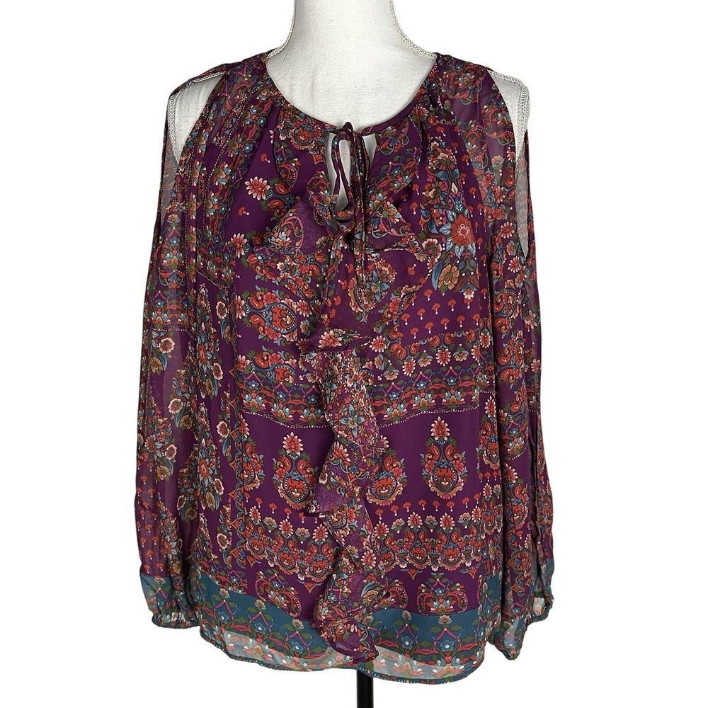 1.STATE Floral Blouse Women's Size L Purple Ruffle Tie Neck Long Sleeve Top